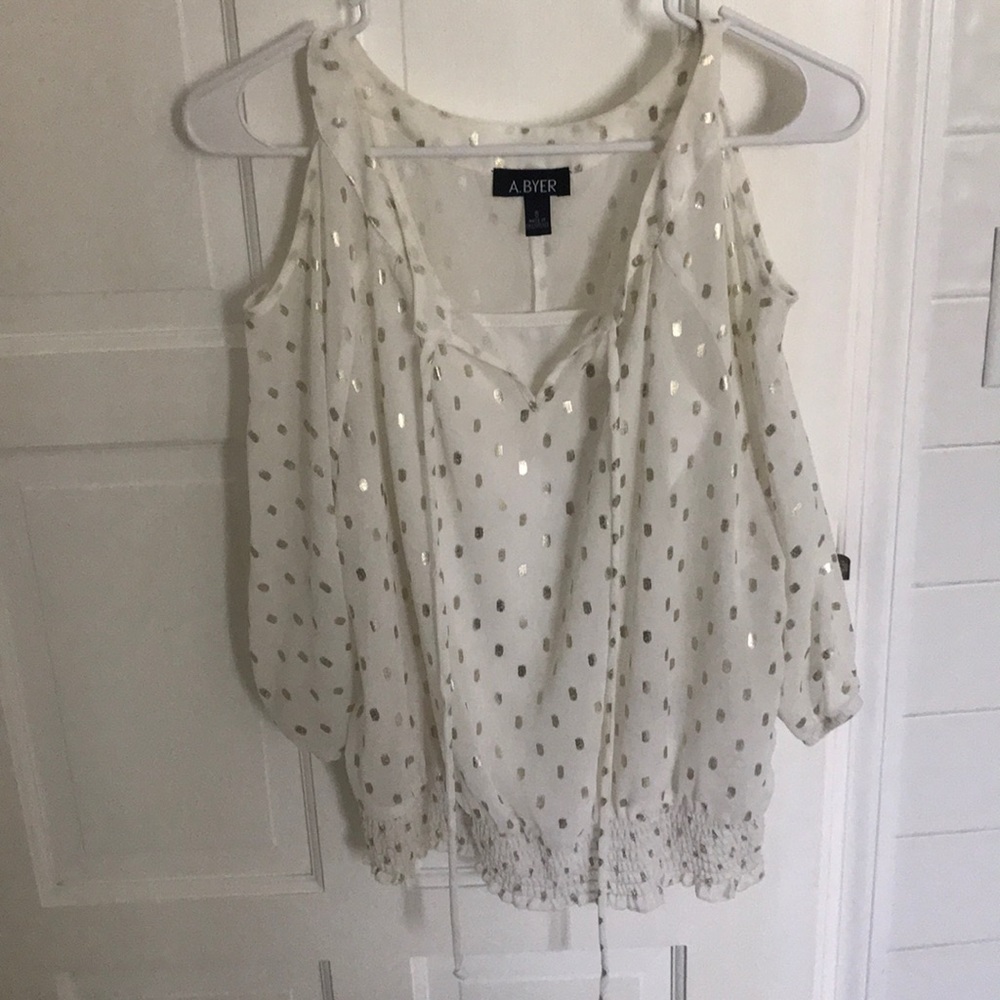 Flowy, gold polka dot top